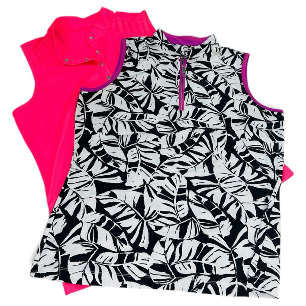 Two Tail Women's Sleeveless Tops - Black and White Leaf Print & Bright Pink